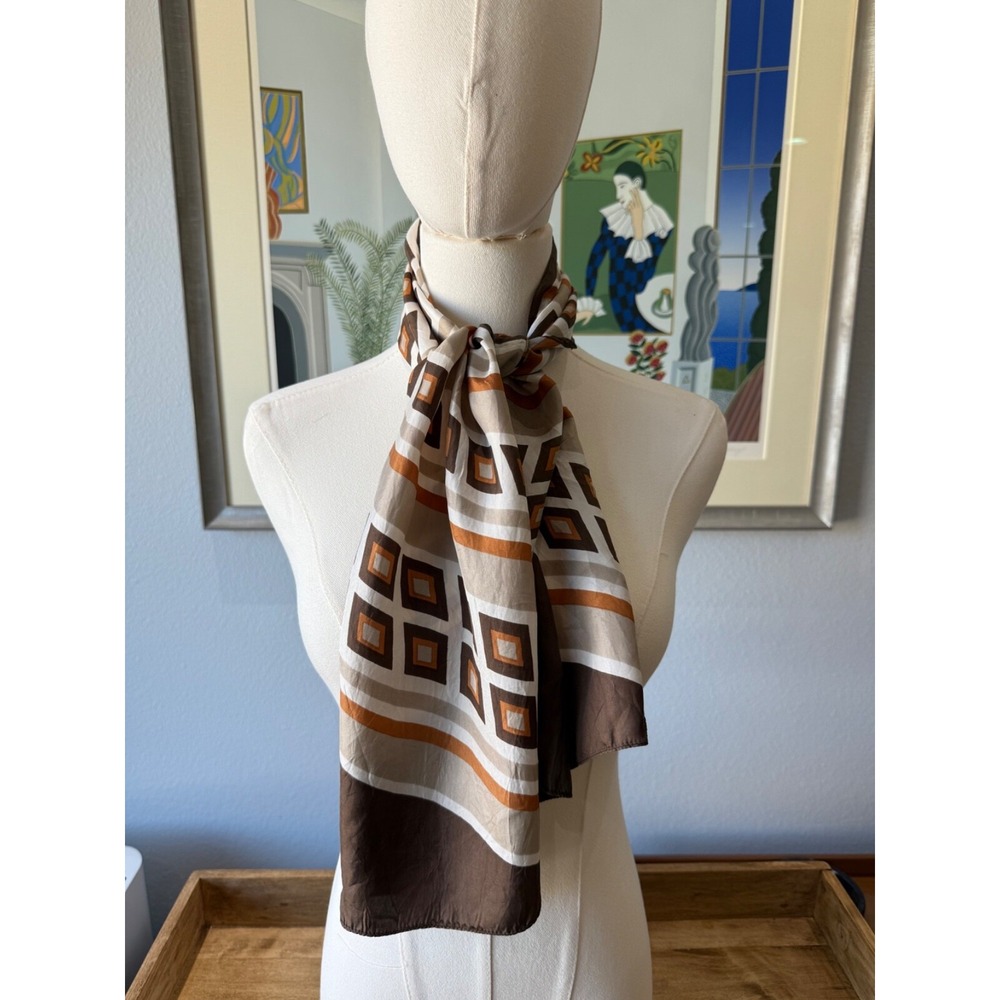 Reine Seide Vintage Scarf Geometric Rectangle Brown & Cream Boxes Silk 11"W 45"L